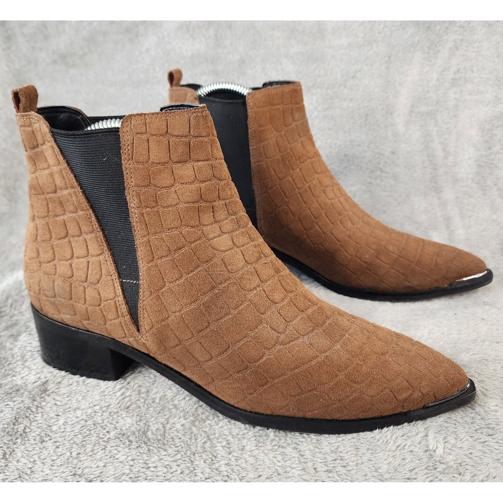 Marc Fisher Boots Womens Size 7.5 Brown Croc Embossed Suede Chelsea Pointed Toe